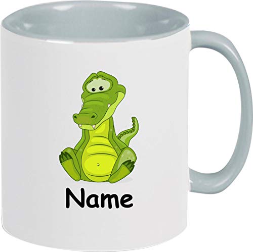 ShirtInStyle Kaffeepott, Tasse, Krokodil mit Wunschnamen, Wunschtext, Spruch Name Text Becher Mug Kaffeetasse, Tiere, Natur, Farbe grau von ShirtInStyle