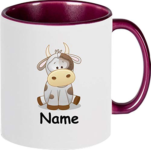 ShirtInStyle Kaffeepott, Tasse, Kuh mit Wunschnamen, Wunschtext, Spruch Name Text Becher Mug Kaffeetasse, Tiere, Natur, Farbe violett von ShirtInStyle