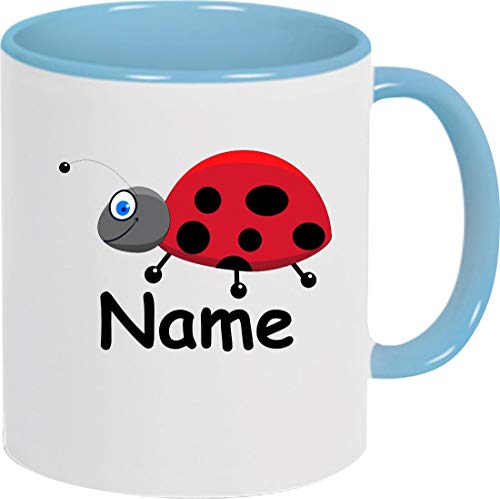 Shirtinstyle Kaffeepott, Tasse, Marienkäfer mit Wunschnamen, Wunschtext, Spruch Name Text Becher Mug Kaffeetasse, Tiere, Natur, Farbe hellblau von Shirtinstyle