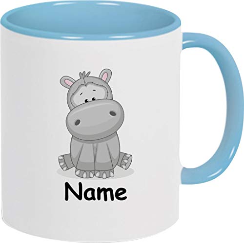 Shirtinstyle Kaffeepott, Tasse, Nilpferd mit Wunschnamen, Wunschtext, Spruch Name Text Becher Mug Kaffeetasse, Tiere, Natur, Farbe hellblau von Shirtinstyle