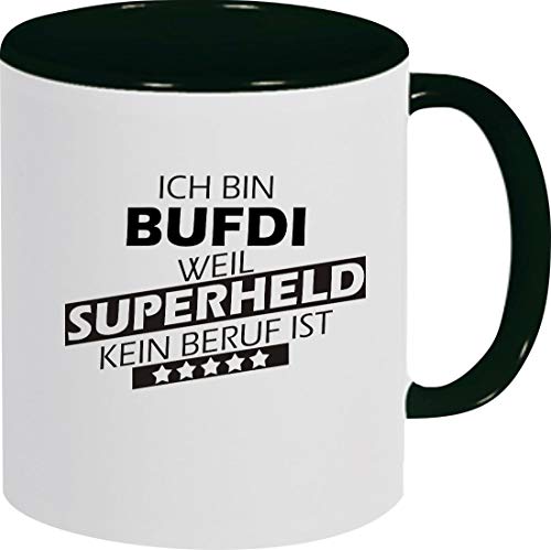 ShirtInStyle Kaffeepott Kaffeetasse, Ich bin Bufdi weil Superheld kein Beruf ist, Beruf Ausbildung Abschluss, Logo, Spruch, Motiv, Farbe schwarz von ShirtInStyle