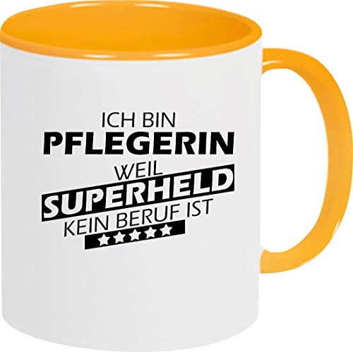 ShirtInStyle Kaffeepott Kaffeetasse, Ich bin Pflegerin weil Superheld kein Beruf ist, Beruf Ausbildung Abschluss, Logo, Spruch, Motiv, Farbe gelb von ShirtInStyle