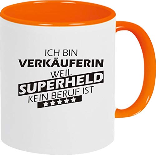 ShirtInStyle Kaffeepott Kaffeetasse, Ich bin Verkäuferin weil Superheld kein Beruf ist, Beruf Ausbildung Abschluss, Logo, Spruch, Motiv, Farbe orange von ShirtInStyle