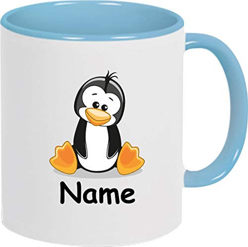 ShirtInStyle Kindertasse, Teetasse, Tasse, Pinguin mit Wunschnamen, Wunschtext, Spruch, Kinder, Tiere, Natur, Farbe hellblau von ShirtInStyle