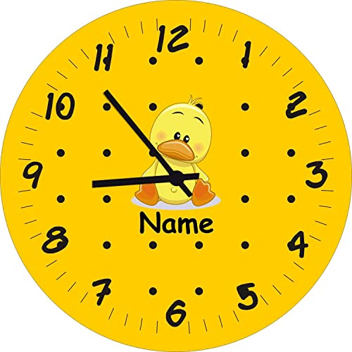 ShirtInStyle Kinderzimmeruhr mit Tiermotiv Ente mit Wunschnamen Geschenk Uhr Kinder Handmade Wanduhr Wunschtext Name, 20cm, Gelb von ShirtInStyle
