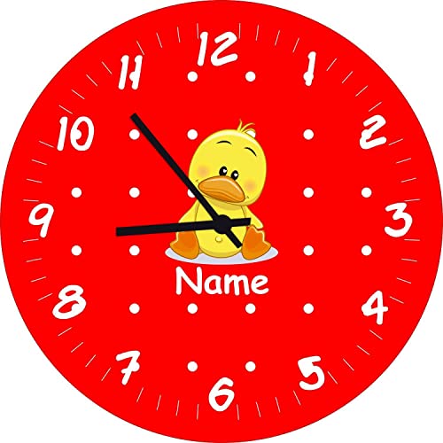 Shirtinstyle Kinderzimmeruhr mit Tiermotiv Ente mit Wunschnamen Geschenk Uhr Kinder Handmade Wanduhr Wunschtext Name, 29cm, Farbe Rot von Shirtinstyle