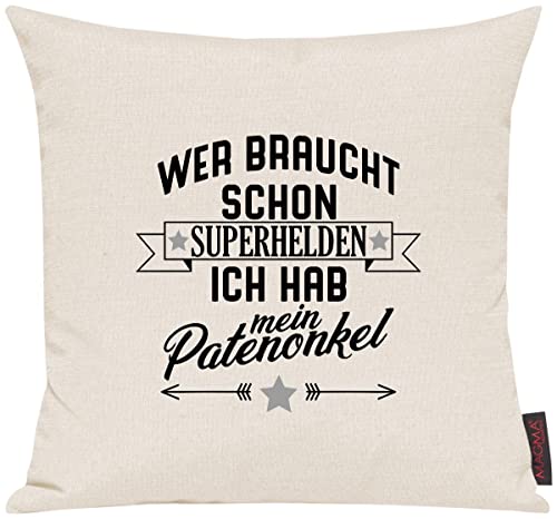 ShirtInStyle Kissen Sofakissen Motiv Typo Kuschelidee Wer braucht Schon Superhelden ich hab Mein Patenonkel, Familie Verwandschaft, Liebe, Freude, Dankbarkeit, Kissen, Sofa, Farbe Elfenbein von ShirtInStyle