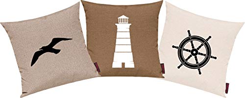 Shirtinstyle Kissenhüllen Set 3 Stück, Sofakissen. Kissenbezug, Motiv Maritim Set Möwe, Leuchturm Und Steuerrad, Größe 40 x 40cm, Farbe Braun von Shirtinstyle