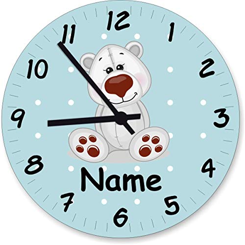 ShirtInStyle Wanduhr Kinderzimmer Wanduhr Eisbär mit Wunschnamen Geschenk Uhr Kinder Handmade, 29cm, Pastellblau von ShirtInStyle