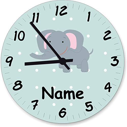 ShirtInStyle Wanduhr Kinderzimmer Wanduhr Elefant mit Wunschnamen Geschenk Uhr Kinder Handmade, 29cm, Pastellmint von ShirtInStyle