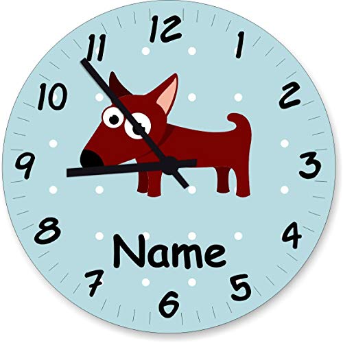 ShirtInStyle Wanduhr Kinderzimmer Wanduhr Hund mit Wunschnamen Geschenk Uhr Kinder Handmade, 20cm, Pastellblau von ShirtInStyle