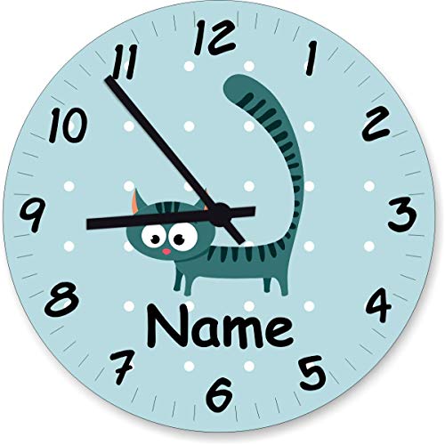 ShirtInStyle Wanduhr Kinderzimmer Wanduhr Katze Kater mit Wunschnamen Geschenk Uhr Kinder Handmade, 29cm, Pastellblau von ShirtInStyle