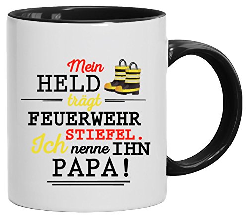 Geschenkidee Feuerwehr Vatertags Kaffeetasse 2-farbige Tasse Papa - Mein Held trägt Feuerwehrstiefel, Größe: onesize,weiß/schwarz von ShirtStreet