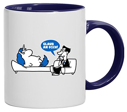 Lustige Geschenkidee Psychologe Kaffeetasse 2-farbige Tasse Einhorn - Glaub an Dich, Größe: onesize,weiß/blau von ShirtStreet