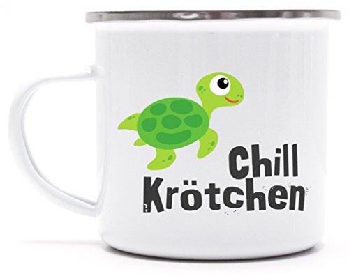 Lustige bedruckte Metalltasse Emaille Camping Tasse mit Spruch Motiv Mug Chillkrötchen 1, Größe: onesize,weiß/silber von ShirtStreet