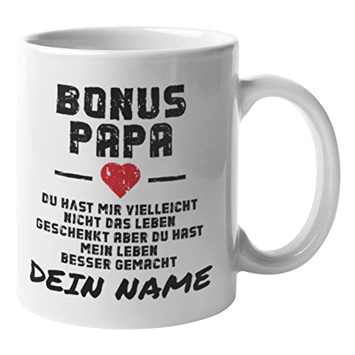 Tasse mit Namen - Geschenk Tasse für Papa mit lustigem Spruch Bonus Papa - personalisierbar mit Wunschname - Geschenk Idee Stiefvater Vatertag Geburtstag Weihnachten Ostern von Shirtinator
