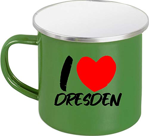ShirtInStyle Emaille Kaffeepott Tasse I Love Dresden, Kaffeetasse Becher Retro Camping, Farbe Grün von ShirtInStyle