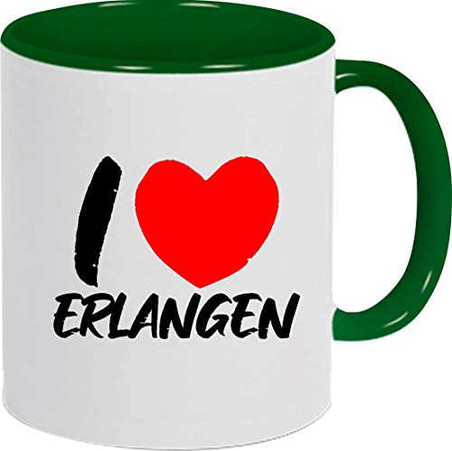 ShirtInStyle Kaffeepott, Kaffeetasse I Love Erlangen, Urlaub, Heimat Familie Zuhaus, Liebe, Ort, City, Pott, Tee, Spruch, Sprüche, Logo, Gruen von ShirtInStyle