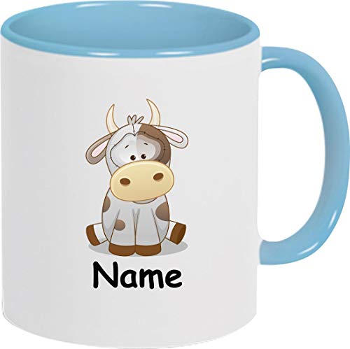 ShirtInStyle Kaffeepott, Tasse, Kuh mit Wunschnamen, Wunschtext, Spruch Name Text Becher Mug Kaffeetasse, Tiere, Natur, Farbe hellblau von ShirtInStyle