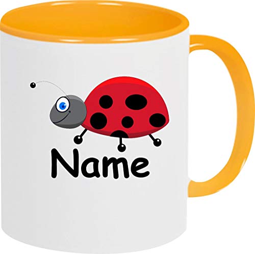 Shirtinstyle Kaffeepott, Tasse, Marienkäfer mit Wunschnamen, Wunschtext, Spruch Name Text Becher Mug Kaffeetasse, Tiere, Natur, Farbe gelb von Shirtinstyle