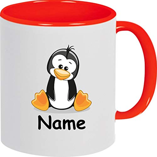 ShirtInStyle Kaffeepott, Tasse, Pinguin mit Wunschnamen, Wunschtext, Spruch Name Text Becher Mug Kaffeetasse, Tiere, Natur, Farbe rot von ShirtInStyle