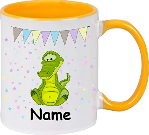 ShirtInStyle Kindertasse, Teetasse, Tasse, Krokodil mit Wunschnamen, Wunschtext, Spruch, Kinder, Tiere, Natur, Kaffeetasse, Pott, Becher, Kindermotiv, Wimpelkette, Girlande, Sterne Farbe gelb von ShirtInStyle