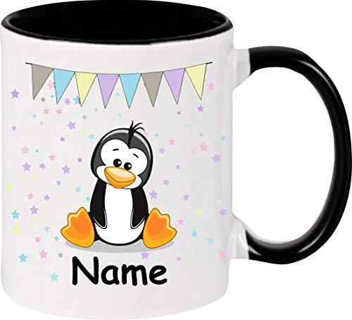 ShirtInStyle Kindertasse, Teetasse, Tasse, Pinguin mit Wunschnamen, Wunschtext, Spruch, Kinder, Tiere, Natur, Kaffeetasse, Pott, Becher, Kindermotiv, Wimpelkette, Girlande, Sterne Farbe schwarz von ShirtInStyle