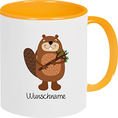 ShirtInStyle Kindertasse, lustige Tiere Biber mit Wunschnamen, Tasse Pott Kaffeetasse Teetasse Logo, Spruch, Spruch, Motiv, Farbe gelb von ShirtInStyle