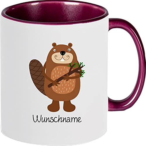 ShirtInStyle Kindertasse, lustige Tiere Biber mit Wunschnamen, Tasse Pott Kaffeetasse Teetasse Logo, Spruch, Spruch, Motiv, Farbe violett von ShirtInStyle