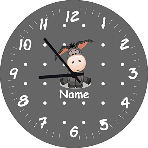 ShirtInStyle Kinderzimmeruhr mit Tiermotiv Esel mit Wunschnamen Geschenk Uhr Kinder Handmade Wanduhr Wunschtext Name, 29cm, Dunkelgrau von ShirtInStyle