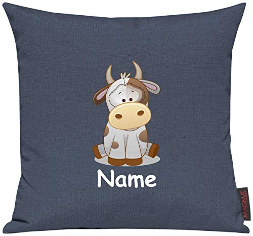 ShirtInStyle Sofakissen Kinderkissen Tiermotiv Kuh mit Wunschnamen, Kissenhülle für Auserwählte! Farbe blau von ShirtInStyle