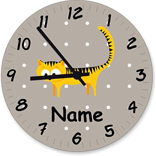 ShirtInStyle Wanduhr Kinderzimmer Wanduhr Katze mit Wunschnamen Geschenk Uhr Kinder Handmade, 29cm, Pastellbeige von ShirtInStyle