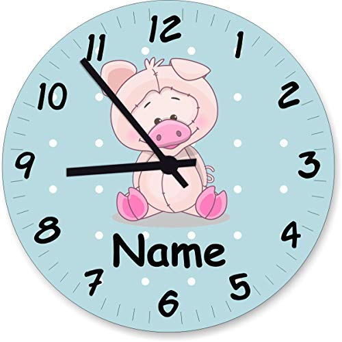 ShirtInStyle Wanduhr Kinderzimmer Wanduhr Schwein mit Wunschnamen Geschenk Uhr Kinder Handmade, 29cm, Pastellblau von ShirtInStyle