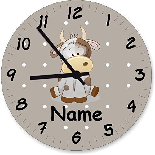 ShirtInStyle Wanduhr Kinderzimmer Wanduhr Kuh mit Wunschnamen Geschenk Uhr Kinder Handmade, 29cm, Pastellbeige von ShirtInStyle