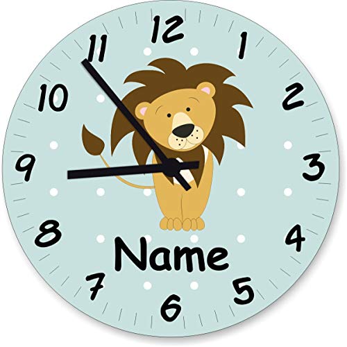 ShirtInStyle Wanduhr Kinderzimmer Wanduhr Löwe mit Wunschnamen Geschenk Uhr Kinder Handmade, 29cm, Pastellmint von ShirtInStyle