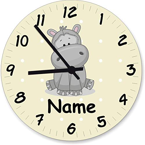 ShirtInStyle Wanduhr Kinderzimmer Wanduhr Nilpferd mit Wunschnamen Geschenk Uhr Kinder Handmade, 29cm, Pastellbgelb von ShirtInStyle