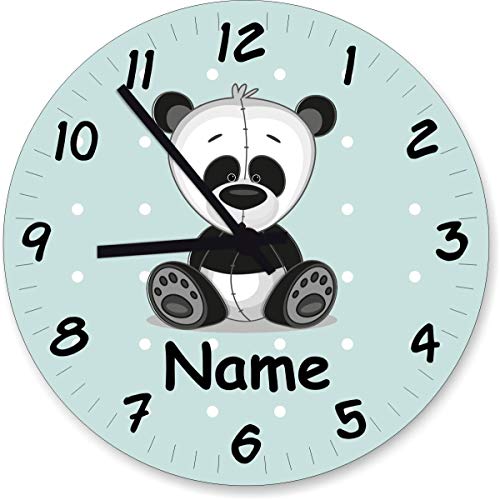 ShirtInStyle Wanduhr Kinderzimmer Wanduhr Panda Bär mit Wunschnamen Geschenk Uhr Kinder Handmade, 29cm, Pastellmint von ShirtInStyle
