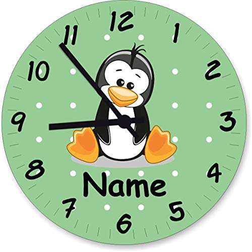 ShirtInStyle Wanduhr Kinderzimmer Wanduhr Pinguin mit Wunschnamen Geschenk Uhr Kinder Handmade, 29cm, Pastellbgrün von ShirtInStyle