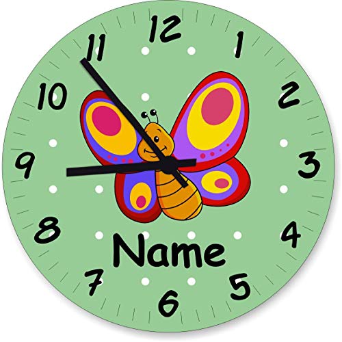 Shirtinstyle Wanduhr Kinderzimmeruhr Schmetterling mit Wunschnamen Geschenk Uhr Kinder Handmade, 29cm, Farbe Pastellbgrün von Shirtinstyle