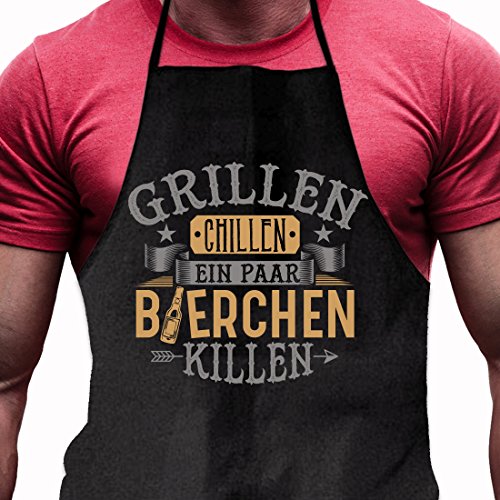 Grillschürze Grillen Chillen Bierchen Killen – Lustiges Geschenk für echte Männer und Grill-Fans von Shirtoo