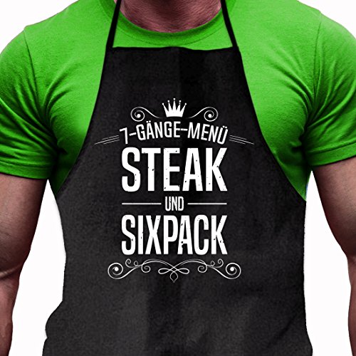 Shirtoo Grillschürze 7 Gänge Menü: Steak und Sixpack – Lustiges Geschenk für echte Männer und Grill-Fans von Shirtoo