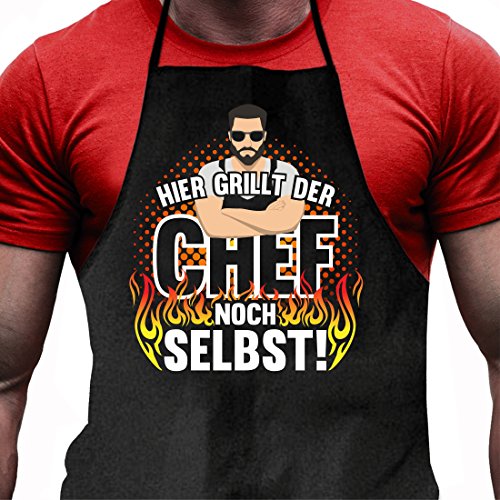 Shirtoo Grillschürze Hier grillt der Chef noch selbst – Lustiges Geschenk für echte Männer und Grill-Fans von Shirtoo