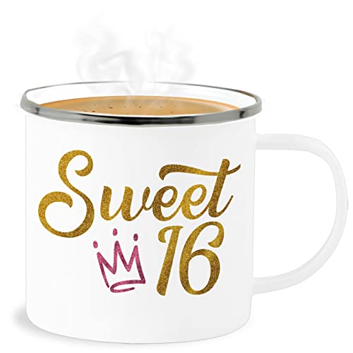 Emaille Becher Blechbecher - 16. Geburtstag Tasse - Sweet Sixteen Glitzer Optik mit Krone - 300 ml - Weiß Silber - geschenke 16 geburtstagsgeschenk für jahre birthday zum geschenk jährigen von Shirtracer