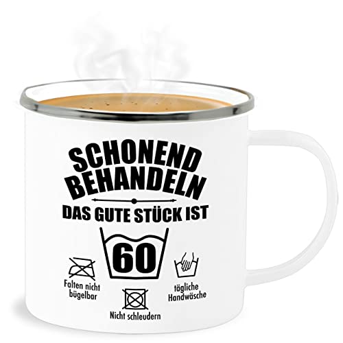 Emaille Becher Blechbecher - 60. Geburtstag Tasse - Schonend behandeln das gute Stück ist sechzig - 300 ml - Weiß Silber - 60 60zigster zum 60.geburtstag 60er 60.ter jahre 60ster sprüche von Shirtracer