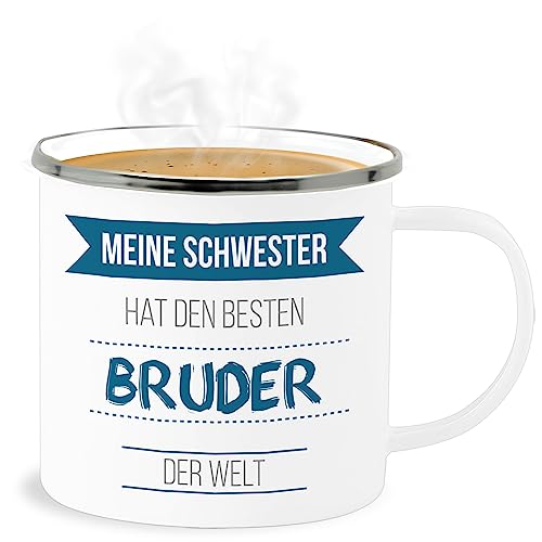 Emaille Becher Blechbecher - Tassen - Meine Schwester hat den besten Bruder der Welt - 300 ml - Weiß Silber - brüder geschenk geschenke für zu weihnachten fur lustig geschenkideen meinen von Shirtracer