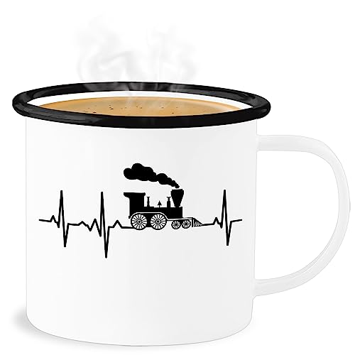 Emaille Becher Blechbecher - Deko Tasse Hobby - Dampflok Herzschlag I Dampflokomotive Geschenk Eisenbahner Eisenbahnliebhaber - 300 ml - Weiß Schwarz - zug eisenbahn von Shirtracer