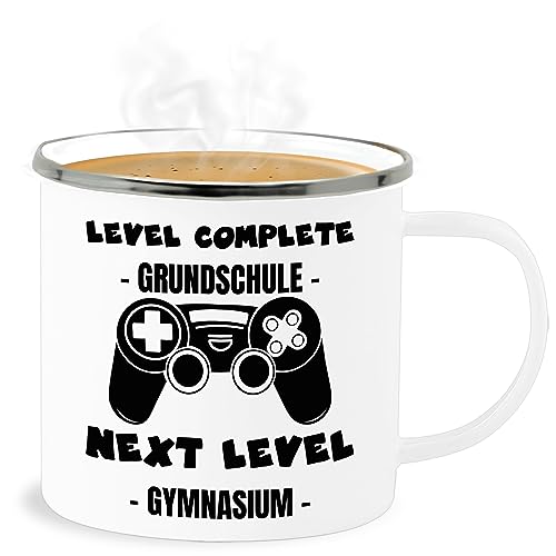 Emaille Becher Blechbecher - Einschulung Geschenk Tasse Schulanfang - Level complete - next level Gymnasium - 300 ml - Weiß Silber - schulanfangsgeschenke gymi einschulung, schulwechsel 1 klasse von Shirtracer