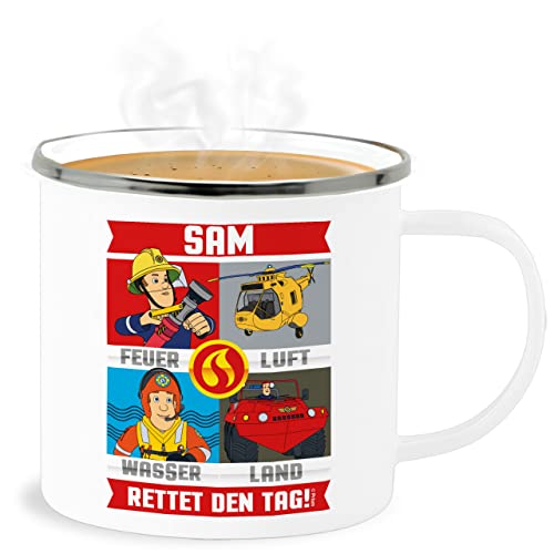 Emaille Becher Blechbecher - Feuerwehrmann Tasse - Sam rettet den Tag - 300 ml - Weiß Silber - der feuermann feuwehrmann feuerwehr mann feuerwerhman feierwehrman fwuerwehrmann feuetwehrmann von Shirtracer