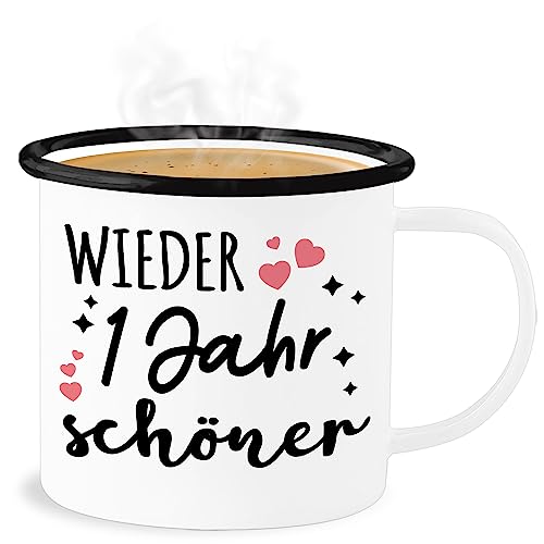 Emaille Becher Blechbecher - Geburtstag Tassen - Wieder 1 Jahr schöner - Herzen schwarz - 300 ml - Weiß Schwarz - happy birthday ein tasse jedes jetzt bist du von Shirtracer