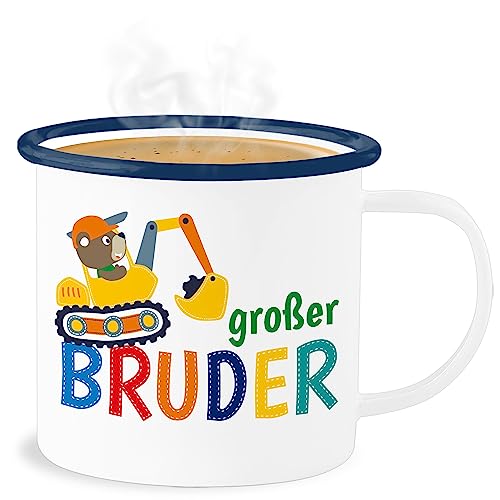 Emaille Becher Blechbecher - Tassen - Großer Bruder Bagger I Großer Bruder Geschenk Grosser Bruder - 300 ml - Weiß Blau - tasse geburt big brother bro blech für großen große brüder von Shirtracer